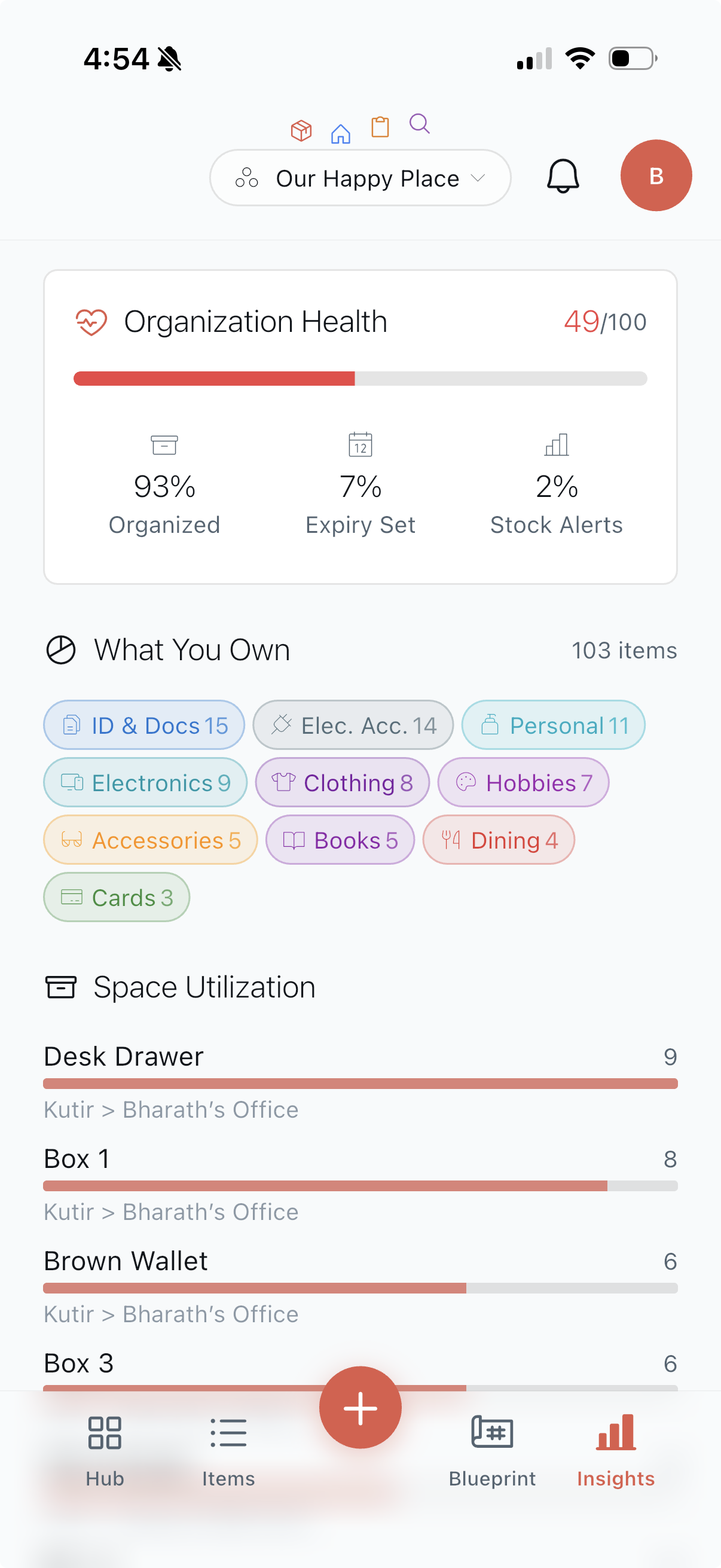 Zistil app interface showing inventory organization